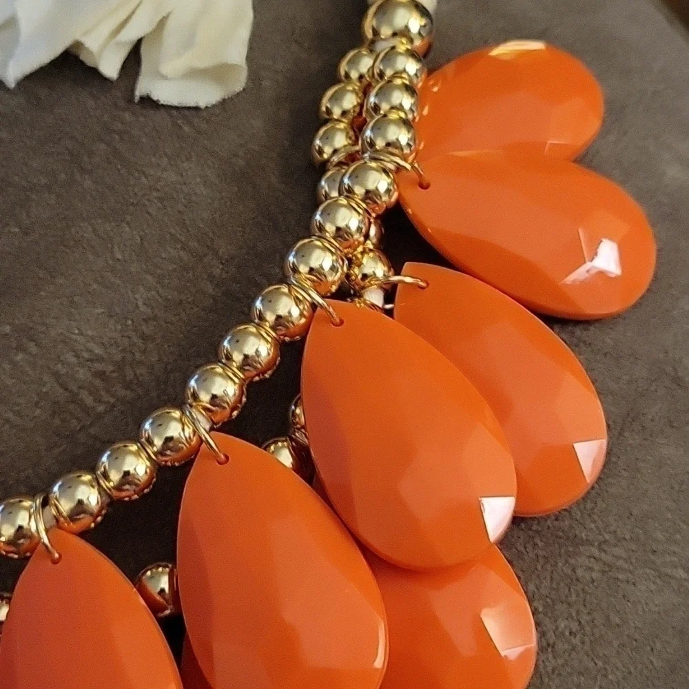 VTG Chandalier Layered Orange Teardrop Fabric Strand Plastron Necklace